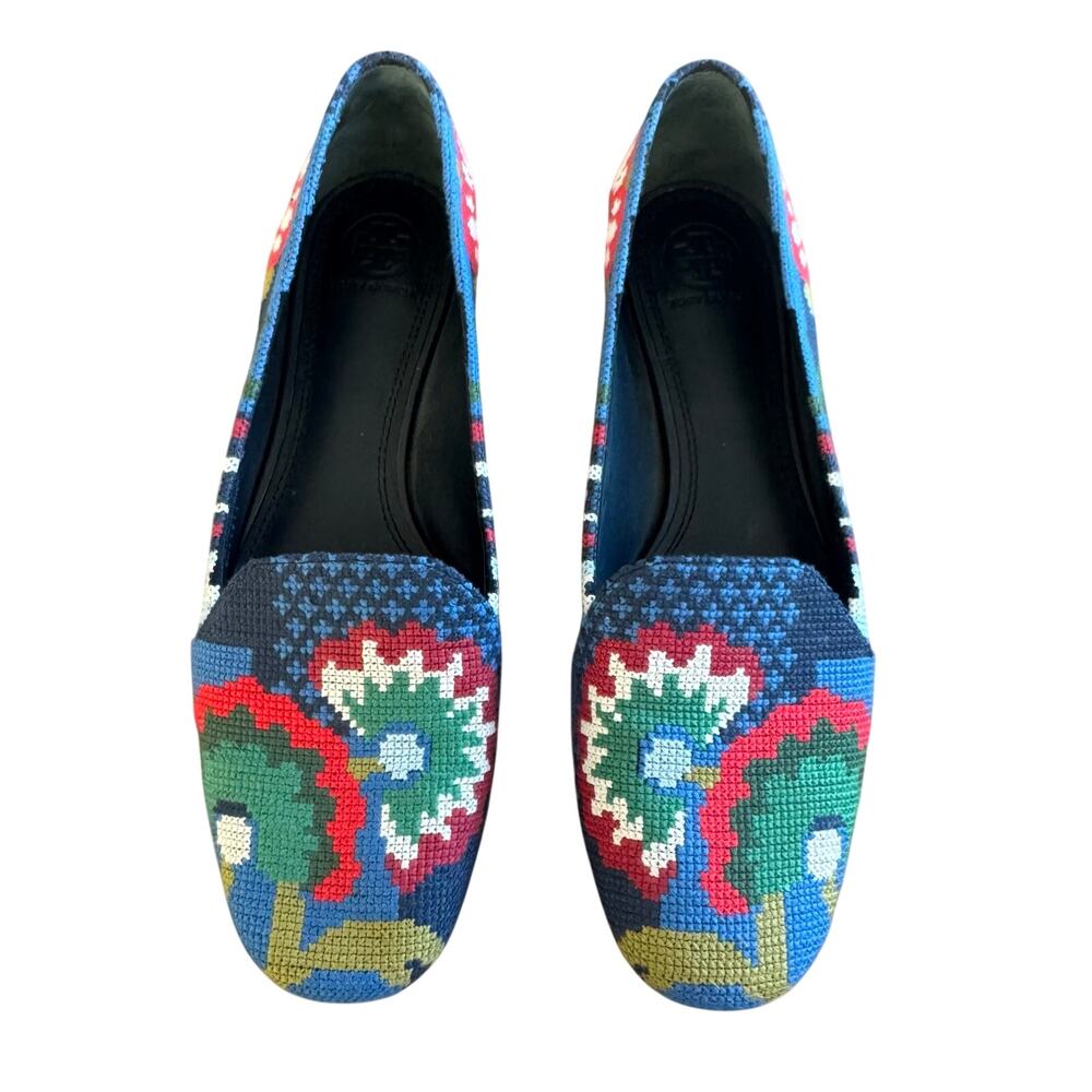 Tory Burch Sadie Needlepoint Flats Loafer Leather Shoes Size 8 - Picture 2 of 8